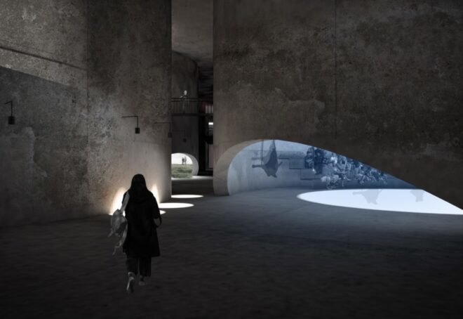 rendering of people walking near round structures