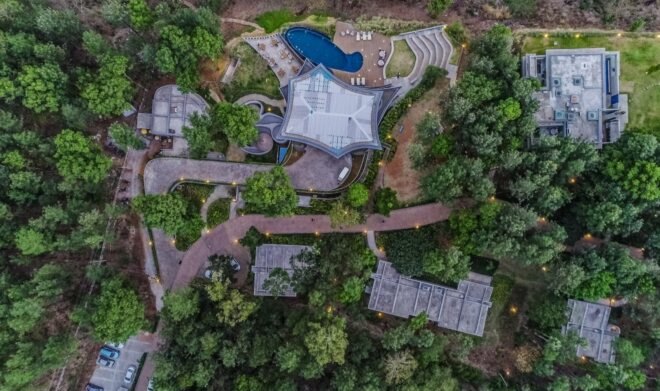 aerial view of resort with multiple white villas