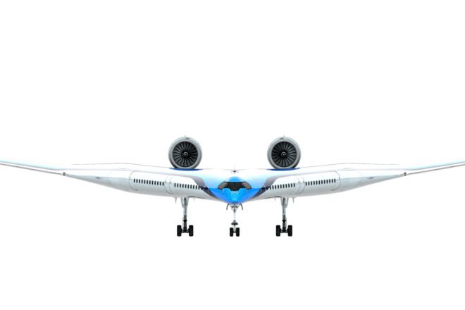 rendering concept of sustainable aircraft with blue, black and white design