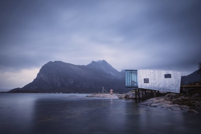 aluminum cabin beside water