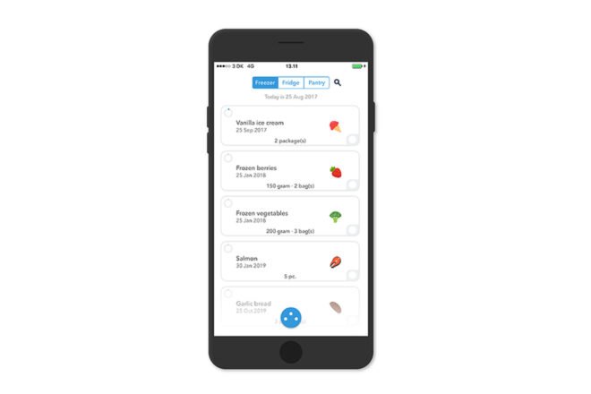 smartphone app displaying an inventory of food