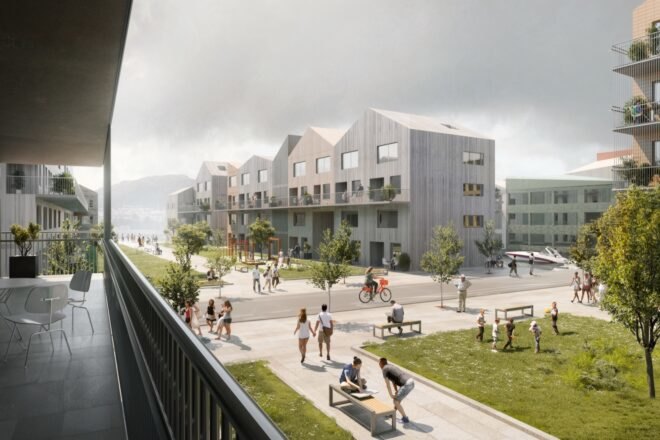 rendering of people walking and biking past wood gabled buildings