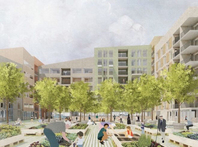 rendering of people gardening in shared gardens