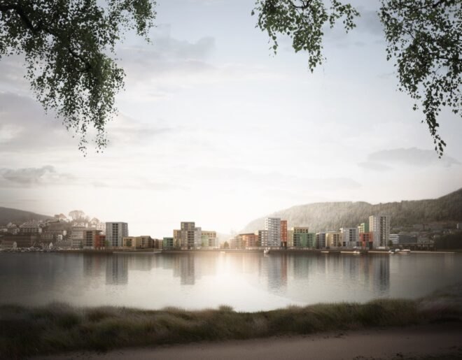 rendering of building silhouettes in front of water