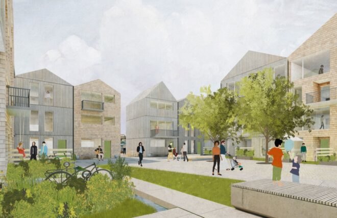 rendering of people lounging in courtyard between buildings