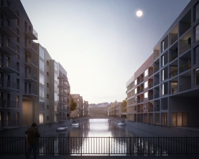 rendering of waterfront buildings