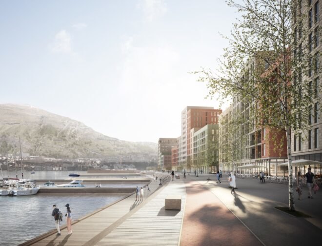 rendering of buildings along a boardwalk