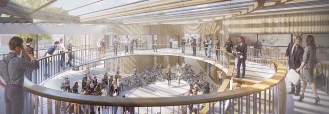 rendering of the interior of the structure with a winding circular walkway, ample light from the ceiling glass