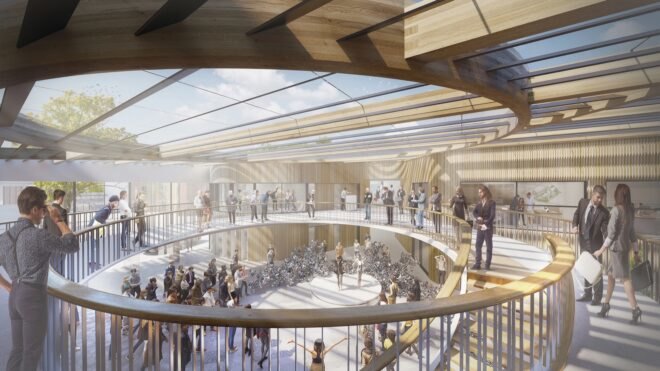 rendering of the interior of the structure with a winding circular walkway, ample light from the ceiling glass