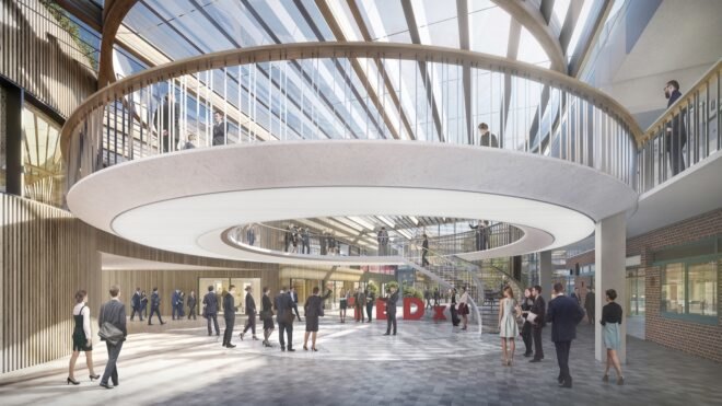 rendering of the interior of the structure with a winding circular walkway, ample light from the ceiling glass