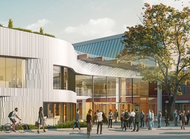renderings of the extension of the school with large structures with large windows and students outside