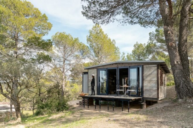 wooden cabin with glass doorway