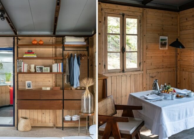 wood-lined cabin interior with basic furnishings
