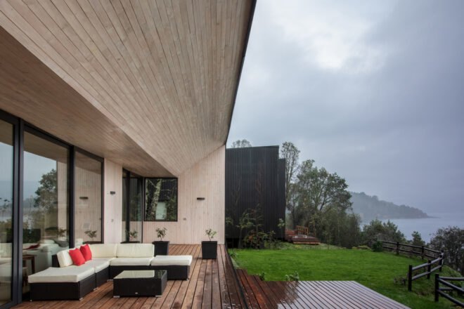 wood porch with white sofa