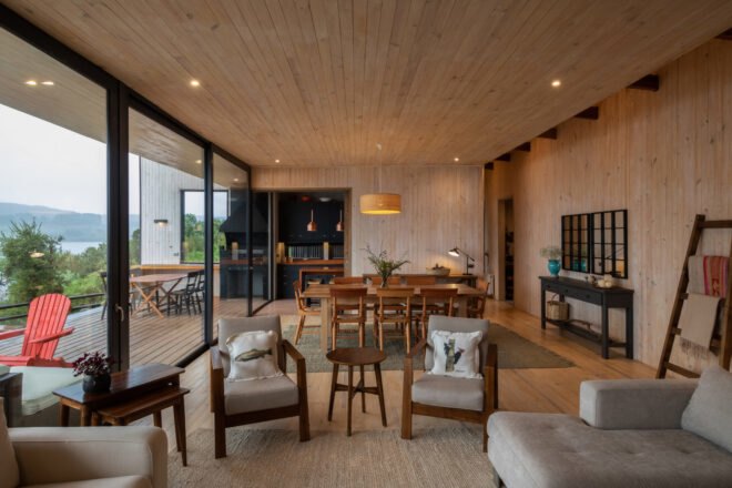 light wood-lined interiors with tan furnishings