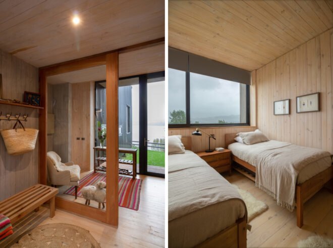 mudroom area on the left and picture of kids' bedroom on the right with two twin beds