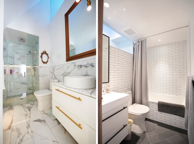On the left, marble bathroom. On the right, white and black bathroom.
