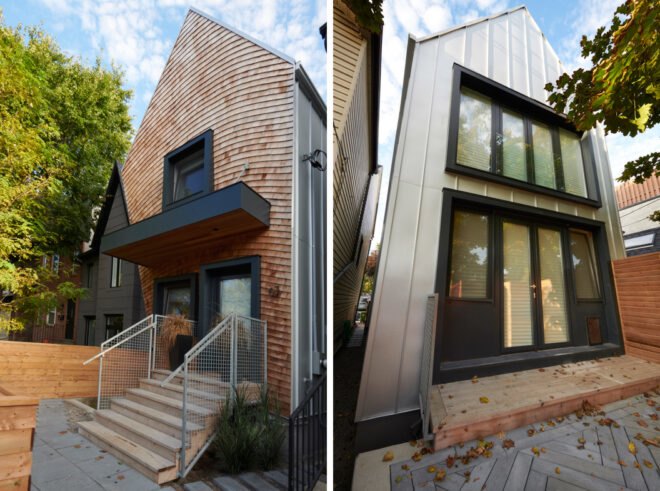 tall brick home with sharply pitched roof