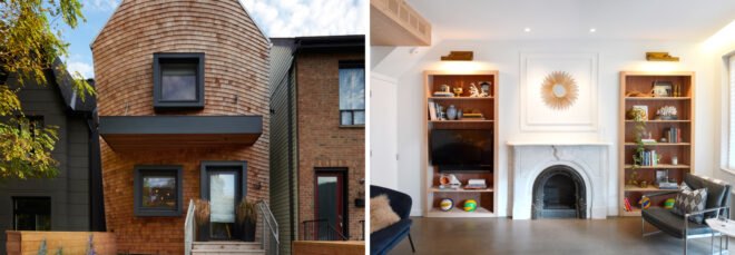On the left, brick home with gabled roof. On the right, white room with old fireplace.