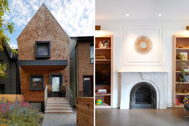 On the left, brick home with gabled roof. On the right, white room with old fireplace.