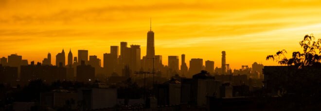NYC skyline during orange sunset