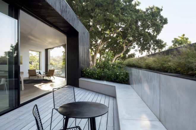 outdoor patio with small black dining set