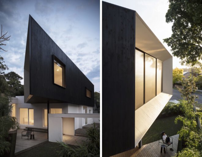 white house with black geometric upper floor extension