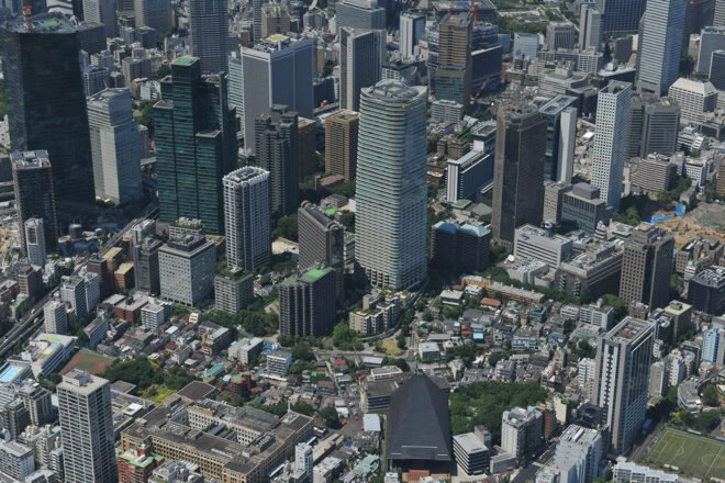 rendering of architecture in japan with scattered trees and plants and a green roof