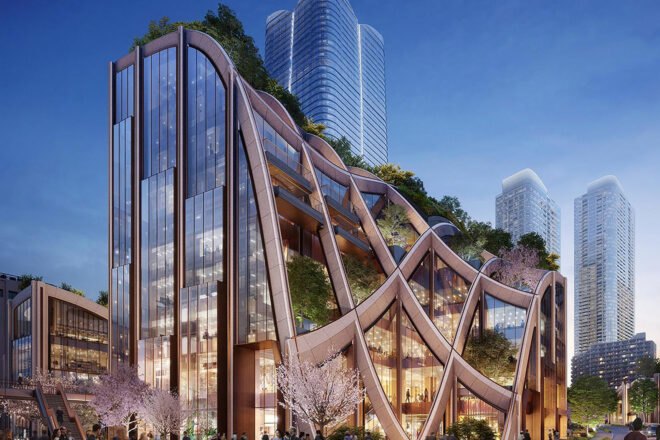 rendering of architecture in japan with scattered trees and plants and a green roof