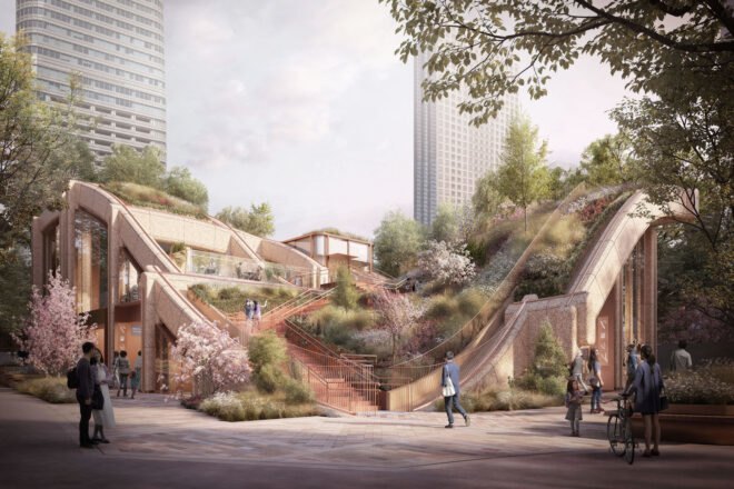 rendering of architecture in japan with scattered trees and plants and a green roof