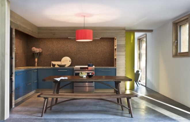 kitchen with wood cabinets and wood dining table