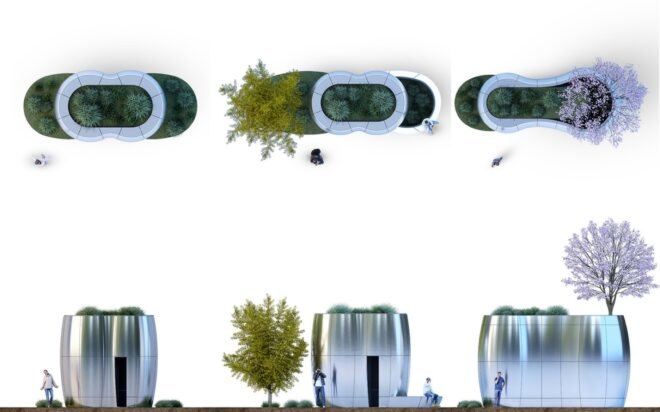 drawings of public bathrooms with green roofs