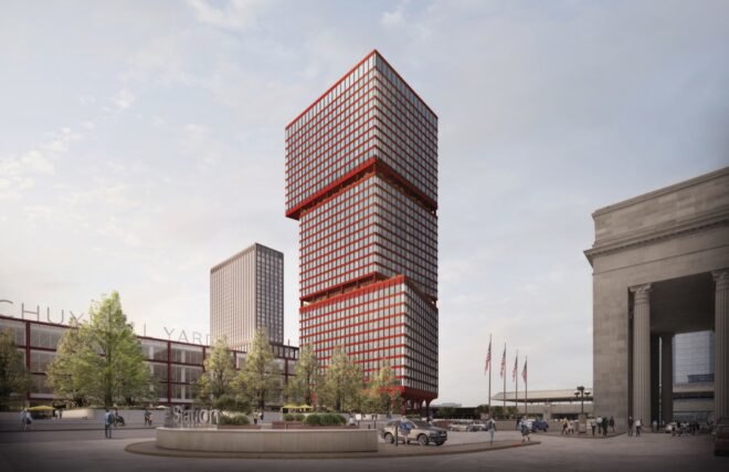 rendering of tan rectangular tower next to a segmented red tower