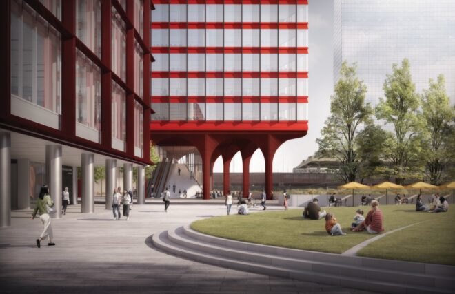 rendering of people lounging in grass outside a red tower