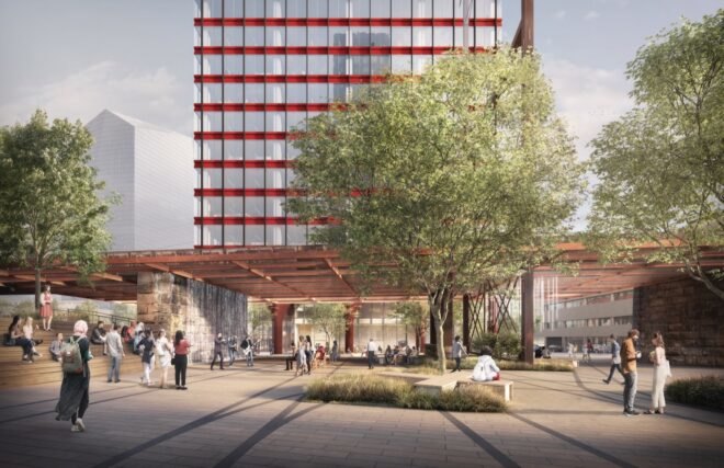 rendering of public courtyard outside red tower