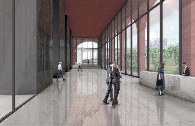 rendering of people inside tower with glass walls