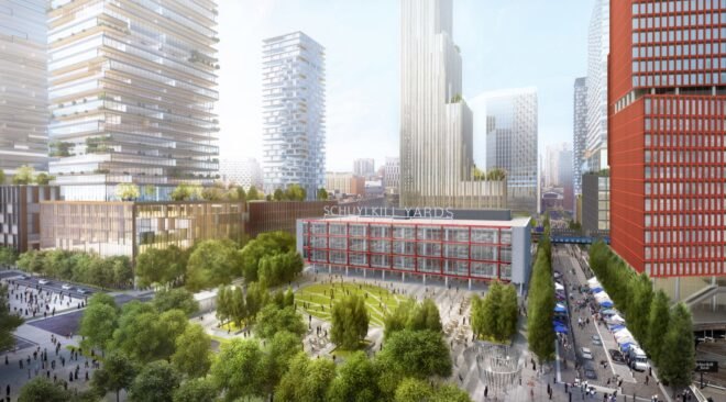 rendering of green space next to tall red tower and short red building