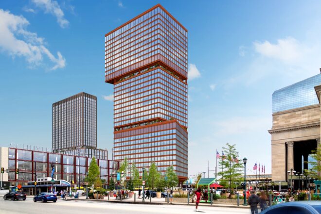 rendering of segmented red tower