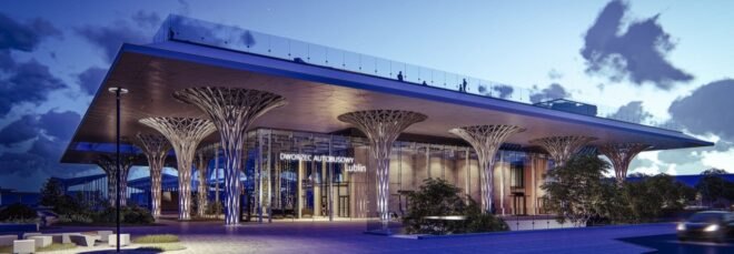modern design decorated a bus station with tree-like pillars connecting to a garden roof