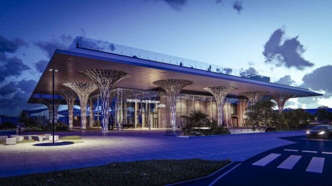 modern design decorated a bus station with tree-like pillars connecting to a garden roof
