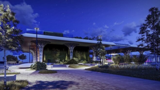 modern design decorated a bus station with tree-like pillars connecting to a garden roof