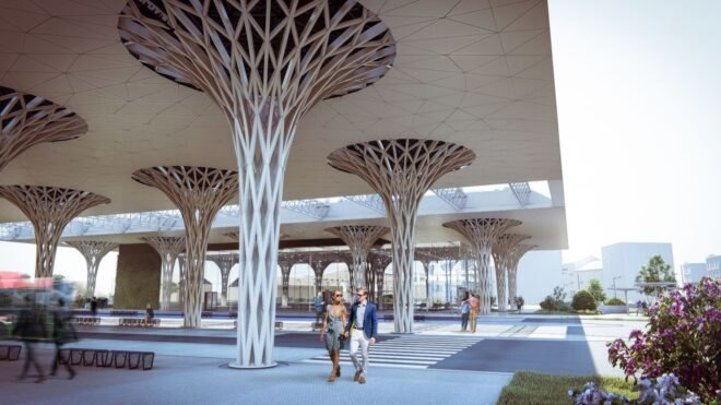 modern design decorated a bus station with tree-like pillars connecting to a garden roof