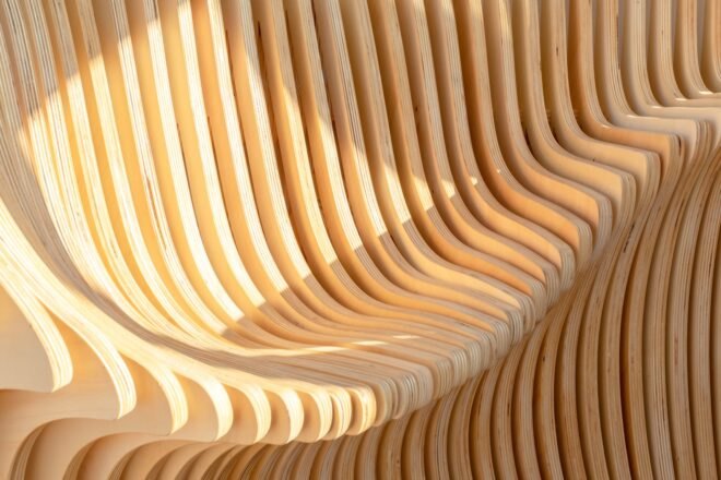 close-up of wavy timber panels of a bench