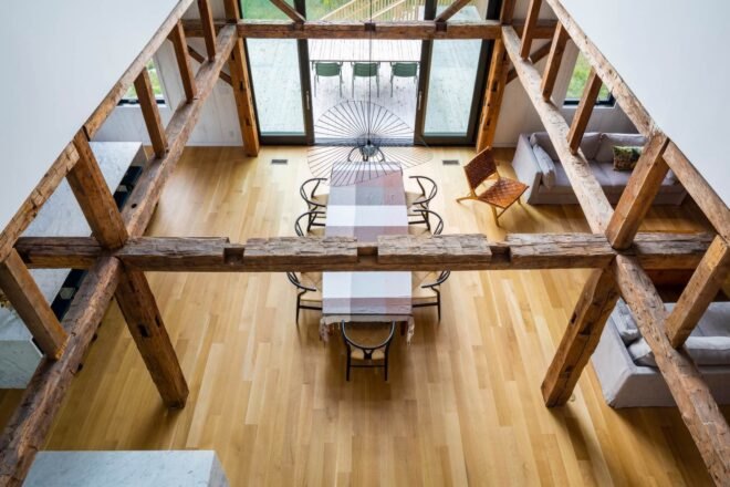 large interior space with dining table
