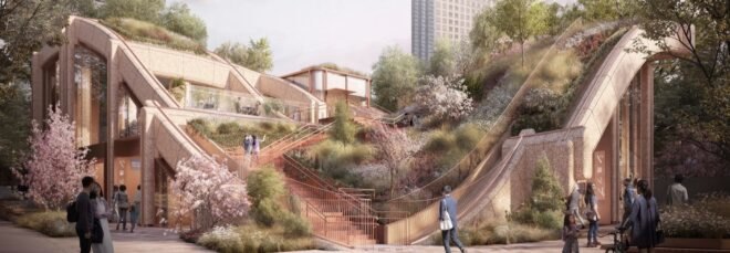 rendering of architecture in japan with scattered trees and plants and a green roof