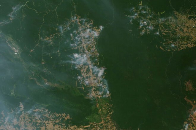 satellite view of fires in the Amazon rainforest