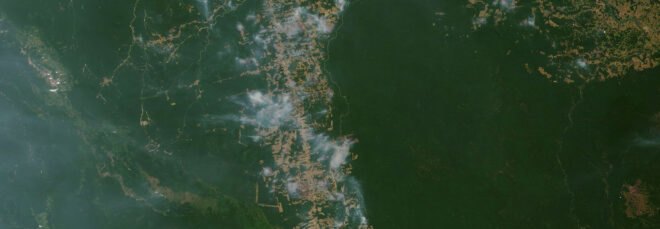 satellite view of fires in the Amazon rainforest