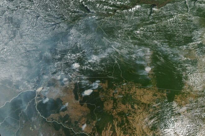satellite view from space of fires in the Amazon rainforest