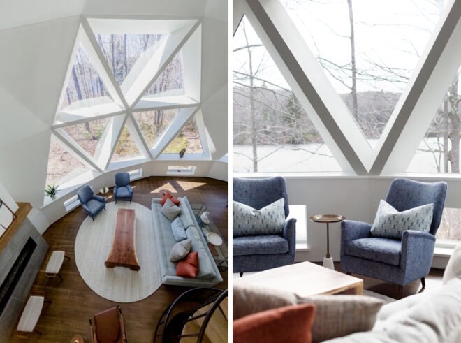 aerial view of living room inside geodesic dome with white walls and triangle windows