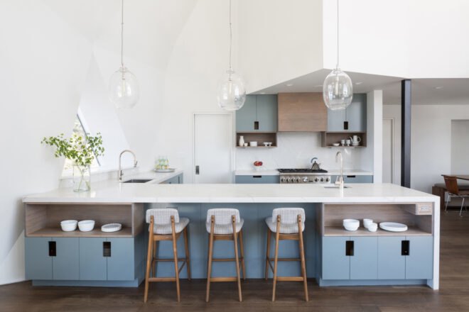 kitchen with blue and white cabinets